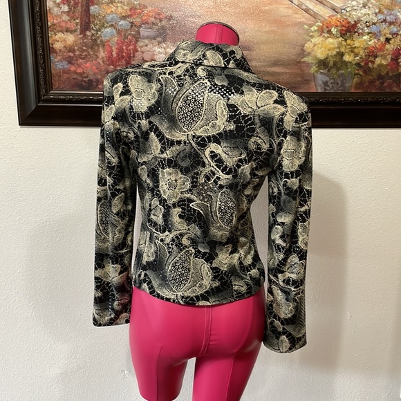 Joseph Ribkoff Blouse Veston Jacket 8 Sequins Shoulder Pads Full Zip Black Cream - Picture 3 of 9